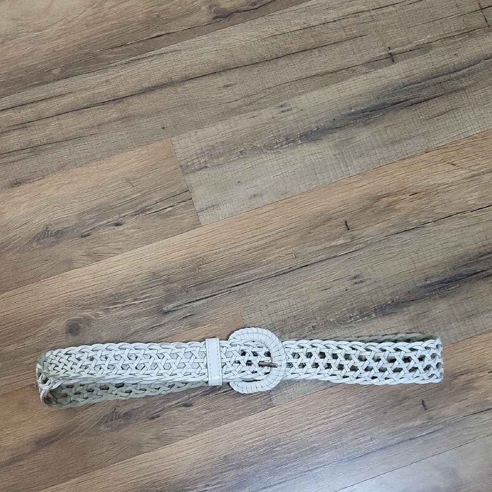 White Leather Open Weave Woven Braided Leather Belt "D" Shaped Buckle